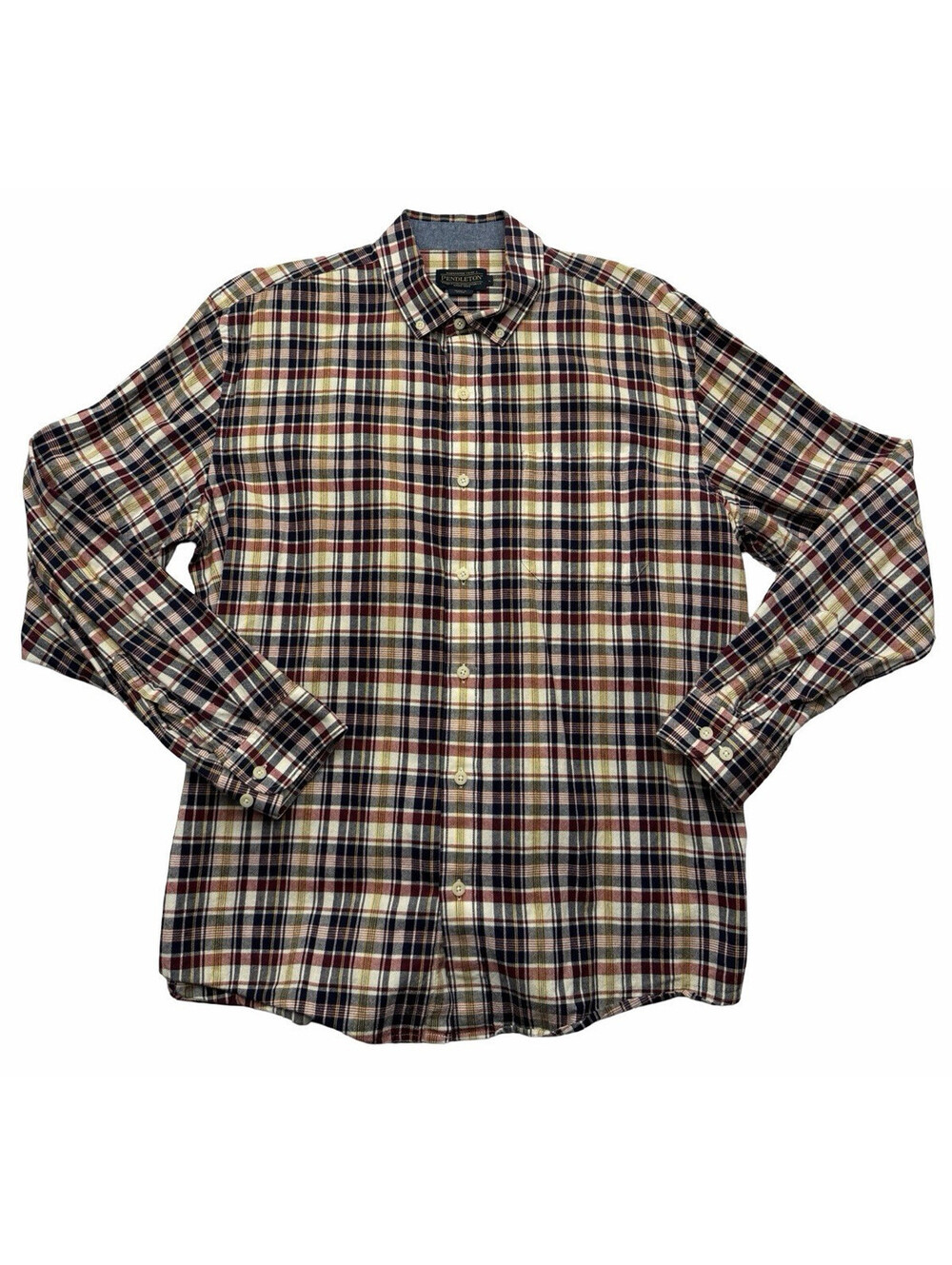 Pendleton Button-Down Long Sleeve Shirt Plaid Navy Beige Size L